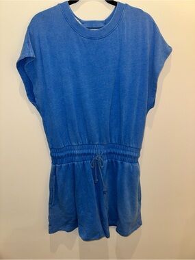 Blue Short-Sleeve Drawstring Romper